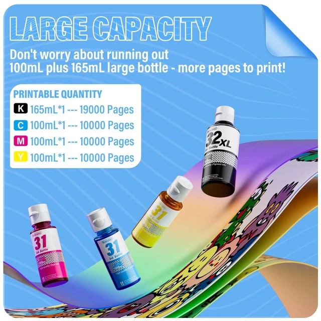 Alt view image 3 of 7 - 31 32XL Ink Bottle Set Refill for HP Smart Tank 7600 7602 7300 7301 7001, 5000 5101 5102, 6000 6001 651 551 Printer. Black CMY