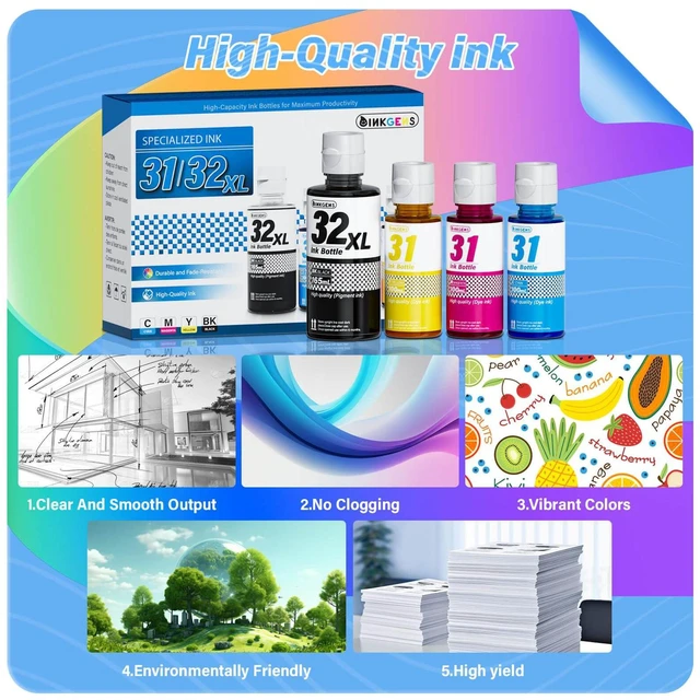 Alt view image 5 of 7 - 31 32XL Ink Bottle Set Refill for HP Smart Tank 7600 7602 7300 7301 7001, 5000 5101 5102, 6000 6001 651 551 Printer. Black CMY