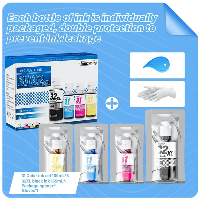 Alt view image 7 of 7 - 31 32XL Ink Bottle Set Refill for HP Smart Tank 7600 7602 7300 7301 7001, 5000 5101 5102, 6000 6001 651 551 Printer. Black CMY