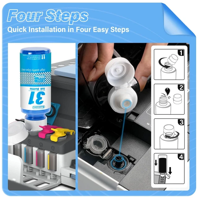 Alt view image 6 of 7 - 31 32XL Ink Bottle Set Refill for HP Smart Tank 7600 7602 7300 7301 7001, 5000 5101 5102, 6000 6001 651 551 Printer. Black CMY