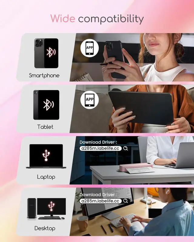 Alt view image 2 of 7 - Small Wireless Inkless Portable Thermal Printer, Support 8.5" X 11", Pink