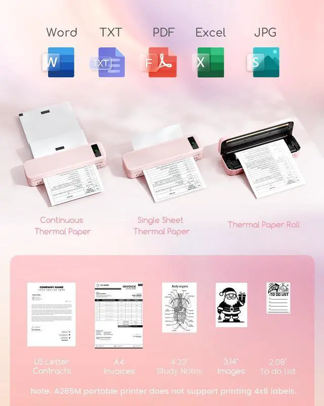 Alt view image 3 of 7 - Small Wireless Inkless Portable Thermal Printer, Support 8.5" X 11", Pink