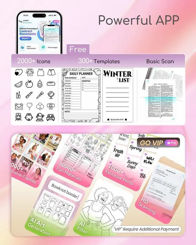 Alt view image 5 of 7 - Small Wireless Inkless Portable Thermal Printer, Support 8.5" X 11", Pink