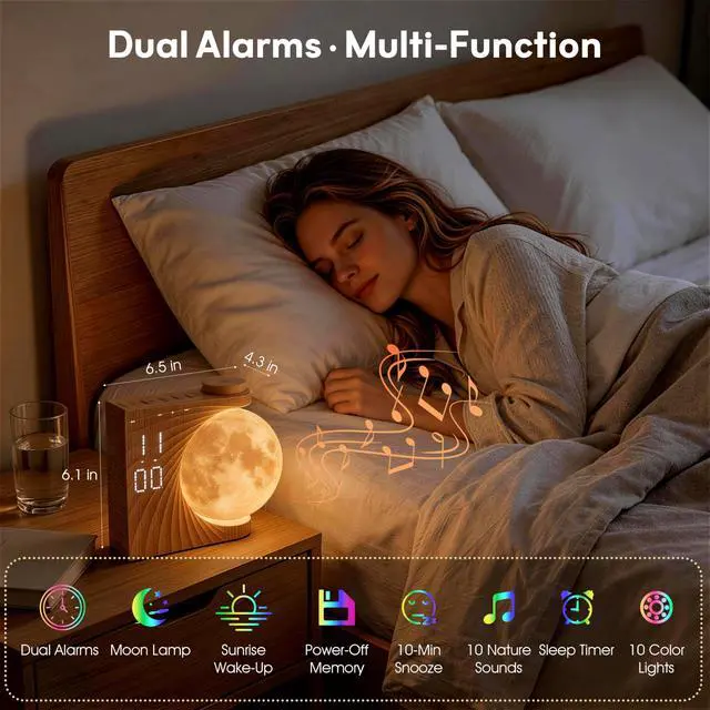 Alt view image 2 of 7 - Alarm Clock for Bedrooms, Sunrise Alarm Clock Wake Up Light for Kids Teens, White Noise Sound Machine, Moon Light Dual Alarms for Heavy Sleepers, Night Light Clock for Preppy Room Decor