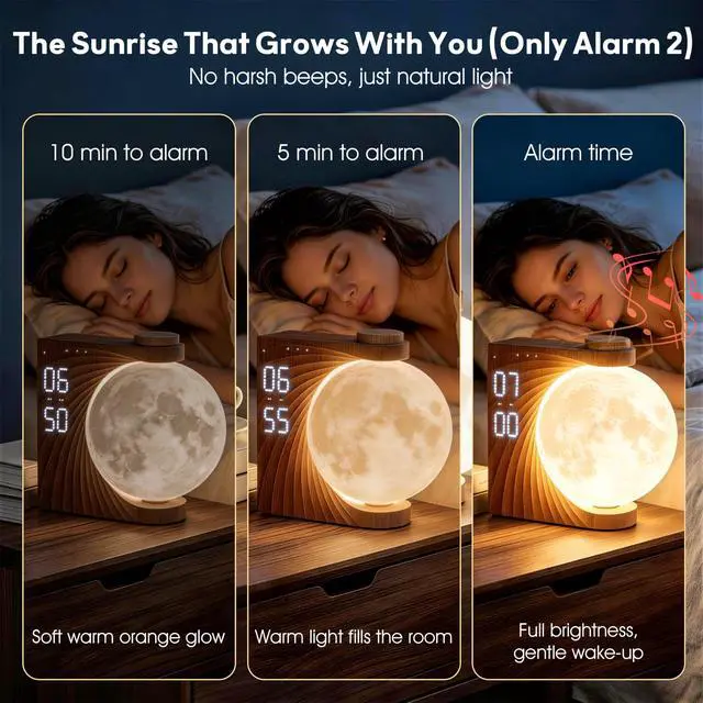 Alt view image 3 of 7 - Alarm Clock for Bedrooms, Sunrise Alarm Clock Wake Up Light for Kids Teens, White Noise Sound Machine, Moon Light Dual Alarms for Heavy Sleepers, Night Light Clock for Preppy Room Decor