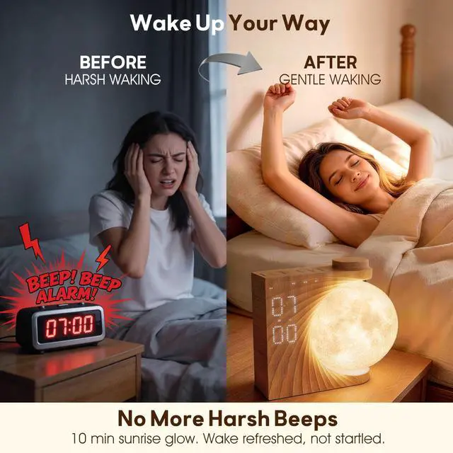Alt view image 4 of 7 - Alarm Clock for Bedrooms, Sunrise Alarm Clock Wake Up Light for Kids Teens, White Noise Sound Machine, Moon Light Dual Alarms for Heavy Sleepers, Night Light Clock for Preppy Room Decor