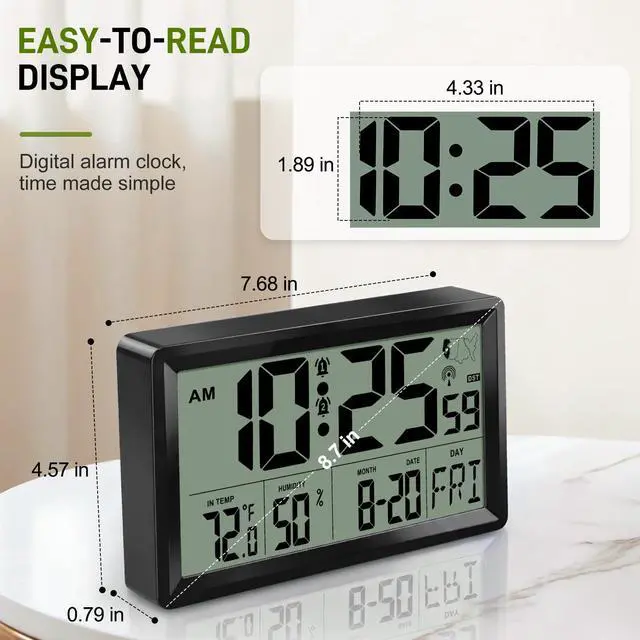 Alt view image 2 of 7 - Atomic Clock Alarm Clock with 5s Backlight, 8.7 Battery Powered Clock Auto DST Self-Setting, Digital Wall Clock with Indoor Temperature Humidity, Snooze for Bedroom Office