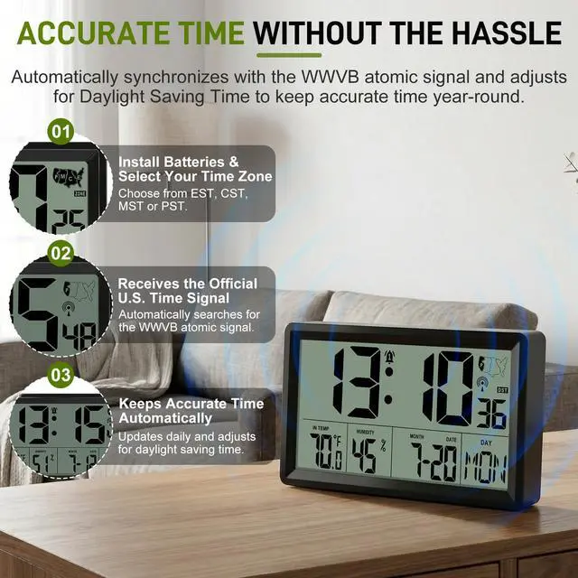Alt view image 4 of 7 - Atomic Clock Alarm Clock with 5s Backlight, 8.7 Battery Powered Clock Auto DST Self-Setting, Digital Wall Clock with Indoor Temperature Humidity, Snooze for Bedroom Office