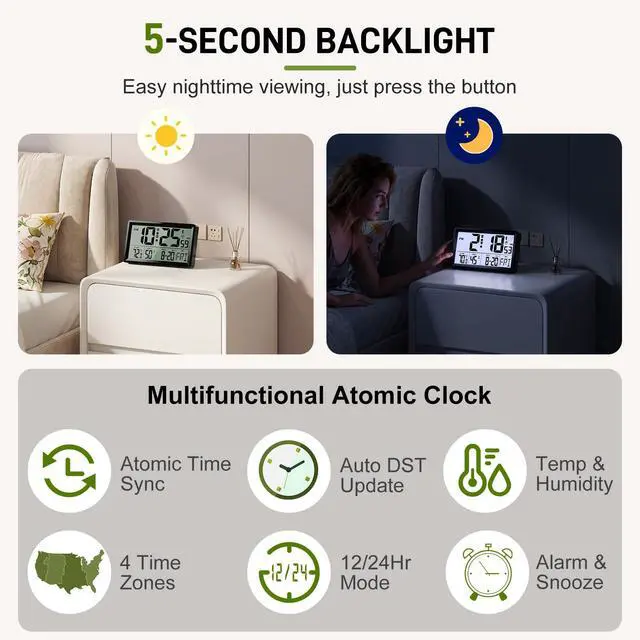 Alt view image 3 of 7 - Atomic Clock Alarm Clock with 5s Backlight, 8.7 Battery Powered Clock Auto DST Self-Setting, Digital Wall Clock with Indoor Temperature Humidity, Snooze for Bedroom Office