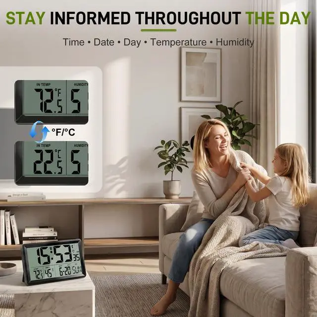Alt view image 5 of 7 - Atomic Clock Alarm Clock with 5s Backlight, 8.7 Battery Powered Clock Auto DST Self-Setting, Digital Wall Clock with Indoor Temperature Humidity, Snooze for Bedroom Office