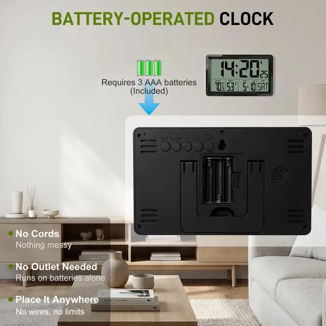 Alt view image 7 of 7 - Atomic Clock Alarm Clock with 5s Backlight, 8.7 Battery Powered Clock Auto DST Self-Setting, Digital Wall Clock with Indoor Temperature Humidity, Snooze for Bedroom Office