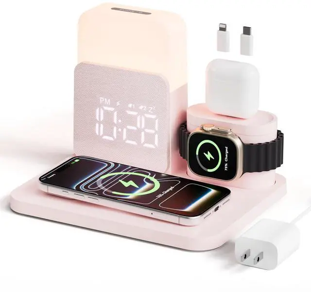 Main image of 7 in 1 Wireless Charging Station, 25W Charger with Alarm Clock Night Light