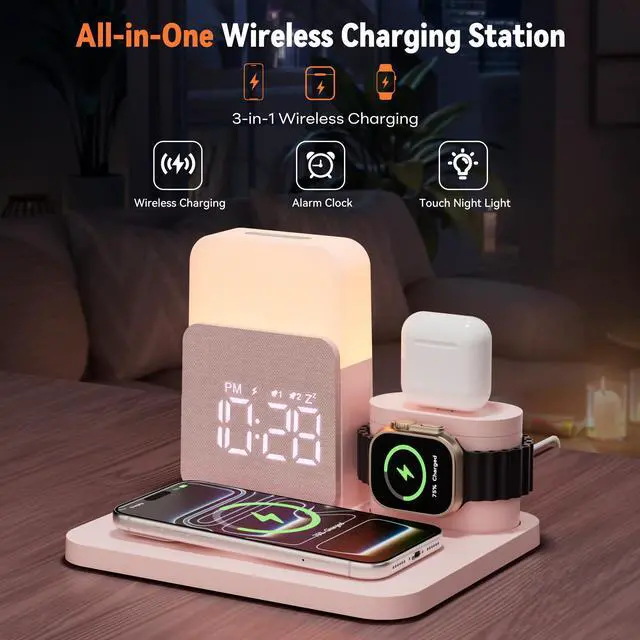 Alt view image 5 of 7 - 7 in 1 Wireless Charging Station, 25W Charger with Alarm Clock Night Light