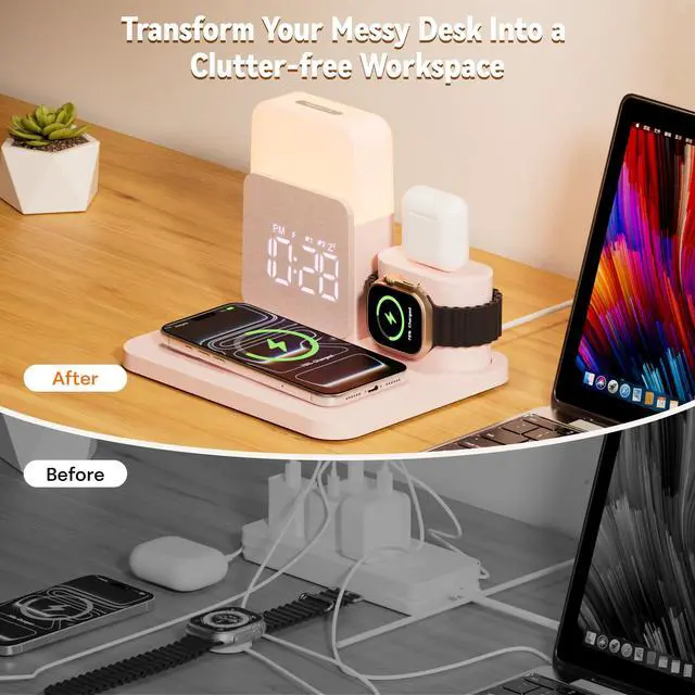 Alt view image 6 of 7 - 7 in 1 Wireless Charging Station, 25W Charger with Alarm Clock Night Light