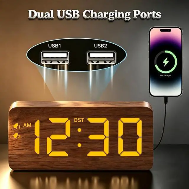 Alt view image 3 of 7 - Wood Digital Alarm Clock with 10W Fast Wireless Charger, USB Charging Ports, DST, Dimmable, Snooze, Large Number LED Display for Bedrooms, Desk, Living Room Table, Bedside, Nightstand (Brown)