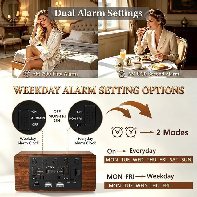 Alt view image 7 of 7 - Wood Digital Alarm Clock with 10W Fast Wireless Charger, USB Charging Ports, DST, Dimmable, Snooze, Large Number LED Display for Bedrooms, Desk, Living Room Table, Bedside, Nightstand (Brown)