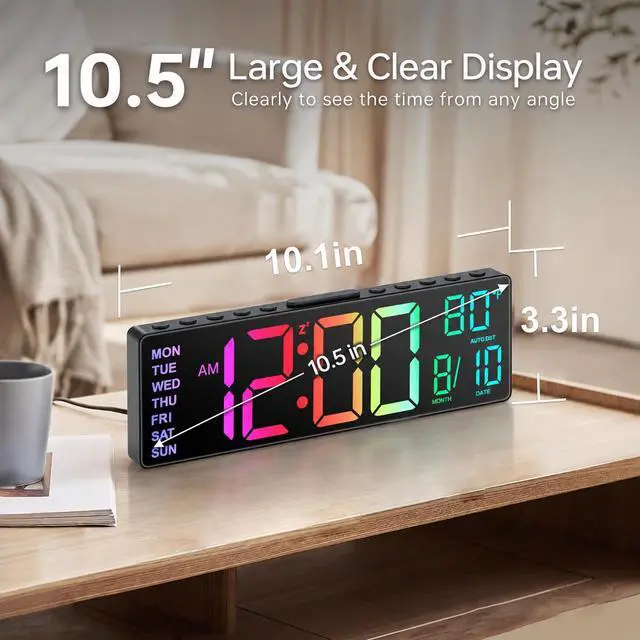 Alt view image 3 of 7 - 10.5'' Large Digital Alarm Clock with Big LED Number, Remote Control, RGB Colors,Timer, Dual Alarm, Temperature for Back to School Classroom, Bedroom, Living Room, Gift for Senior Student Teacher