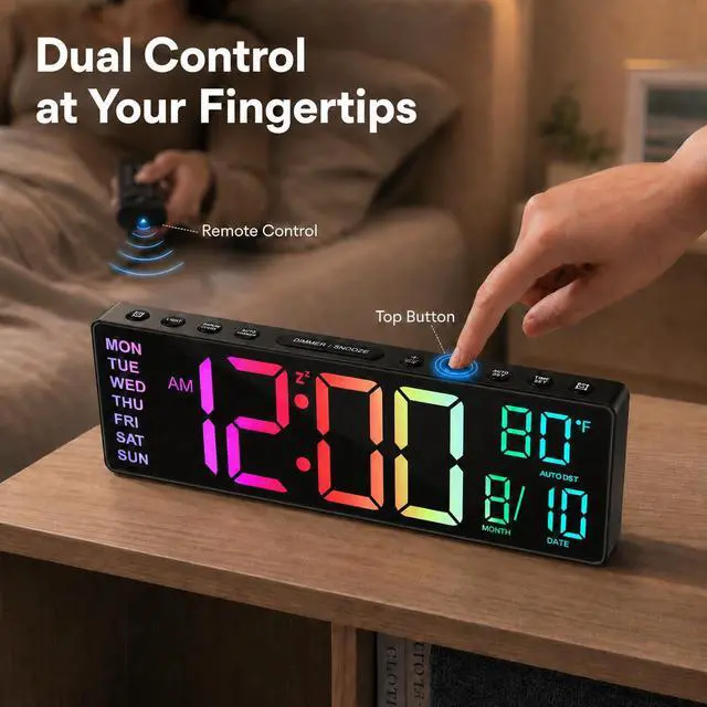 Alt view image 4 of 7 - 10.5'' Large Digital Alarm Clock with Big LED Number, Remote Control, RGB Colors,Timer, Dual Alarm, Temperature for Back to School Classroom, Bedroom, Living Room, Gift for Senior Student Teacher