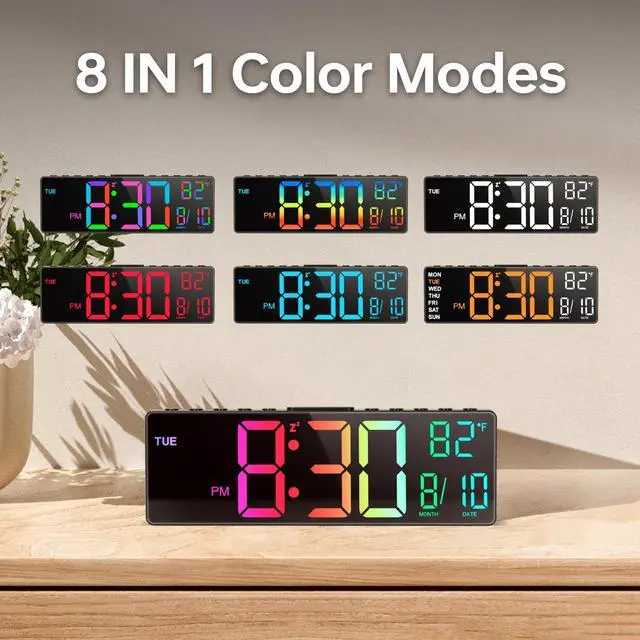 Alt view image 2 of 7 - 10.5'' Large Digital Alarm Clock with Big LED Number, Remote Control, RGB Colors,Timer, Dual Alarm, Temperature for Back to School Classroom, Bedroom, Living Room, Gift for Senior Student Teacher