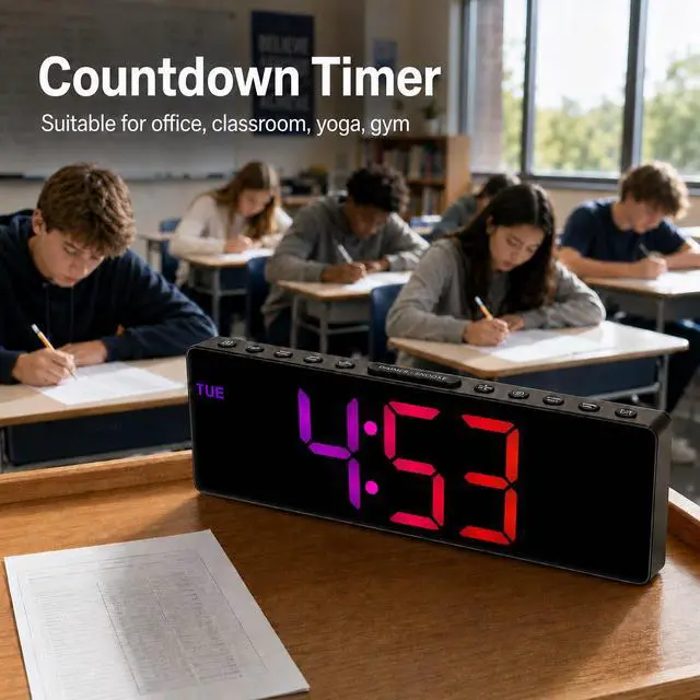 Alt view image 5 of 7 - 10.5'' Large Digital Alarm Clock with Big LED Number, Remote Control, RGB Colors,Timer, Dual Alarm, Temperature for Back to School Classroom, Bedroom, Living Room, Gift for Senior Student Teacher