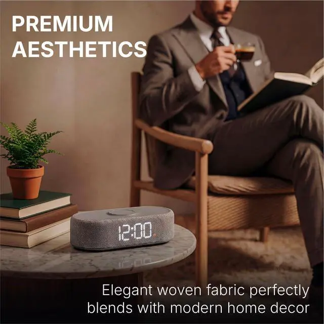 Alt view image 3 of 7 - Fabric Digital Alarm Clock for Bedroom, Wireless Charging, Grey