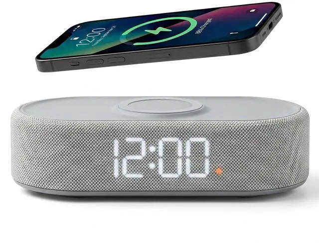 Main image of Fabric Digital Alarm Clock for Bedroom, Wireless Charging, Grey