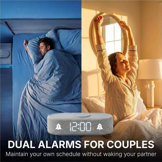 Alt view image 4 of 7 - Fabric Digital Alarm Clock for Bedroom, Wireless Charging, Grey