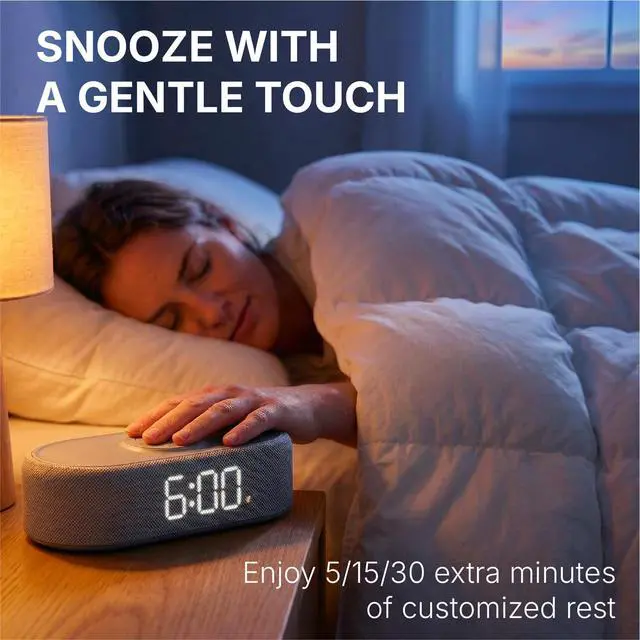 Alt view image 5 of 7 - Fabric Digital Alarm Clock for Bedroom, Wireless Charging, Grey
