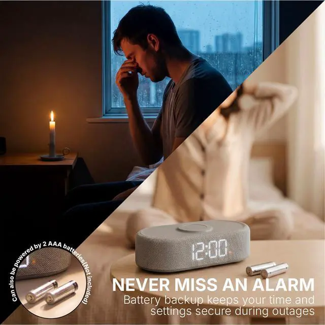 Alt view image 7 of 7 - Fabric Digital Alarm Clock for Bedroom, Wireless Charging, Grey