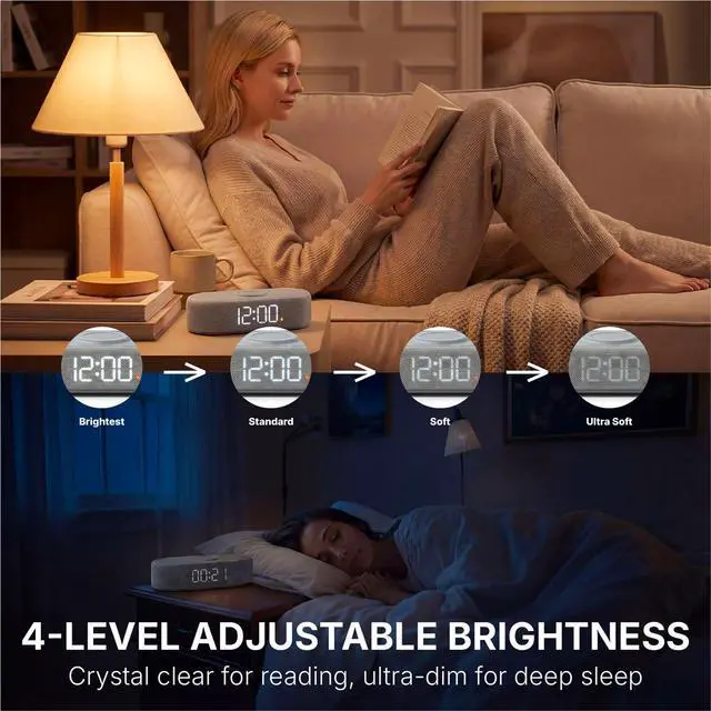 Alt view image 6 of 7 - Fabric Digital Alarm Clock for Bedroom, Wireless Charging, Grey