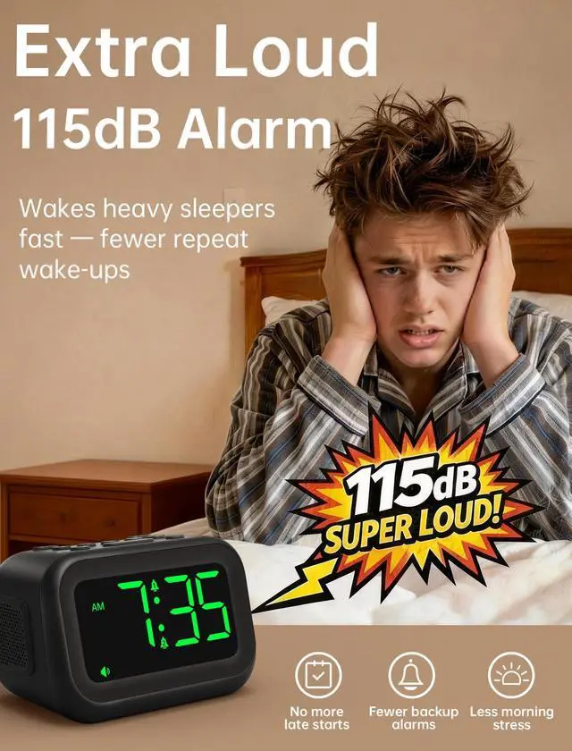 Alt view image 2 of 7 - Extra Loud Alarm Clock: 115dB On-Time Wake-Up
