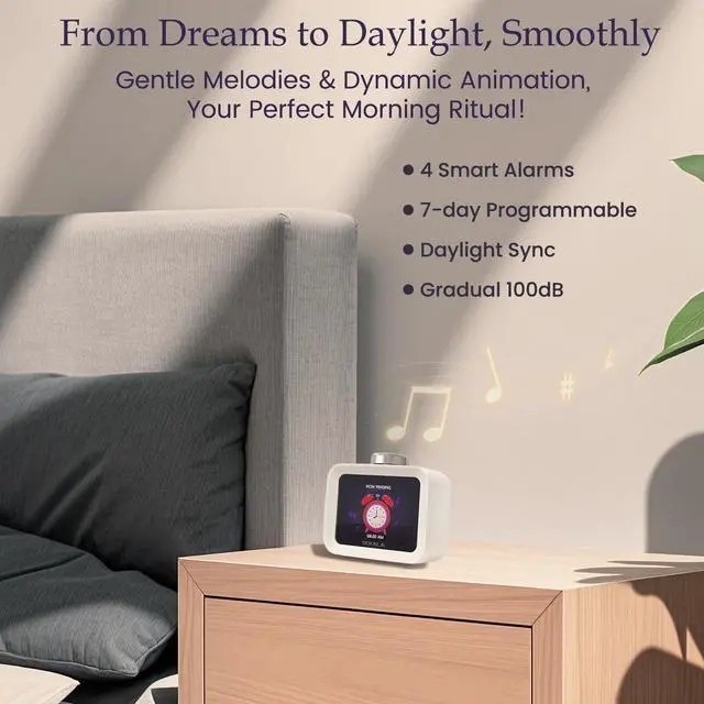 Alt view image 3 of 7 - Alarm Clock for Bedrooms, 4 Alarms, 7-Day Programmable Loud Digital Clock for Heavy Sleepers with White Noise, Temperature & Humidity Display, IPS Animated Screen, Hourly Chime, White