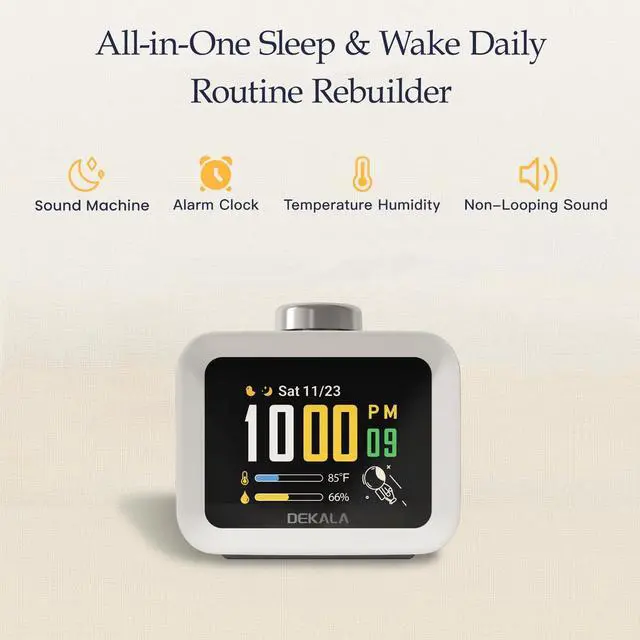 Alt view image 2 of 7 - Alarm Clock for Bedrooms, 4 Alarms, 7-Day Programmable Loud Digital Clock for Heavy Sleepers with White Noise, Temperature & Humidity Display, IPS Animated Screen, Hourly Chime, White
