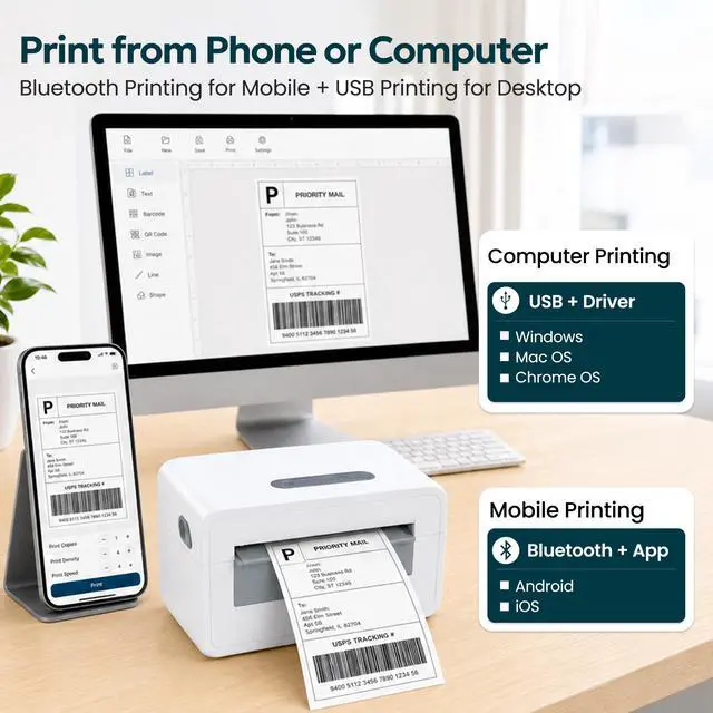 Alt view image 2 of 7 - Bluetooth Shipping Label Printer, 4X6 Wireless Label Printer, USB Shipping Label Maker for Small Business, Compatible with iPhone, Android, Windows & Mac (White-1)