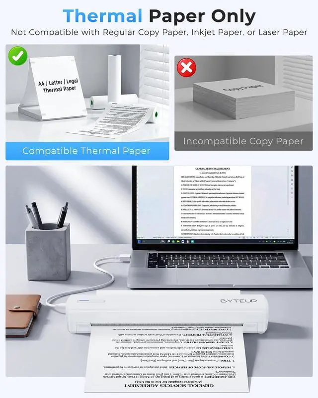 Alt view image 2 of 7 - Portable Thermal Printer, Inkless Bluetooth printer for Letter Legal A4