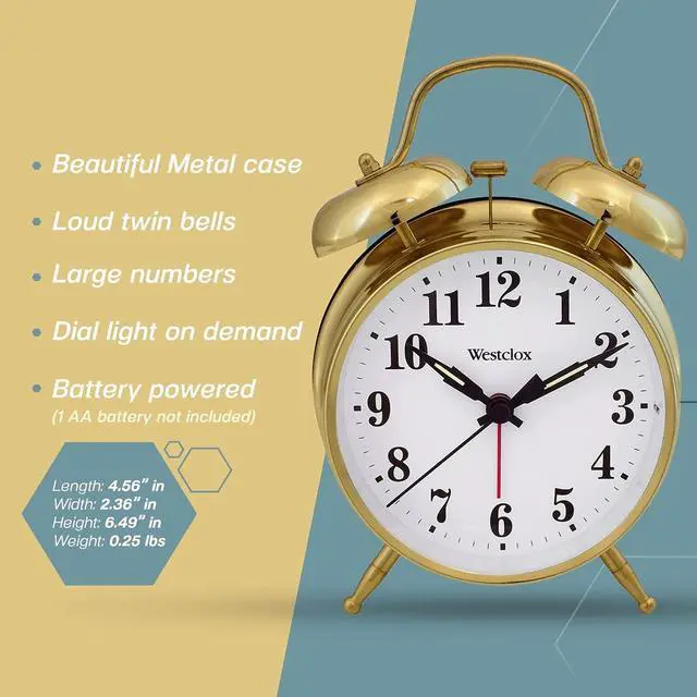 Alt view image 2 of 6 - Big Ben Twin Bell Alarm Clock | Loud Alarm Clock for Heavy Sleepers | Battery Operated Clock with Backlight for Bedside Table, Bedroom, Kids Room, Desk (Gold, 4")