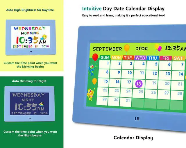 Alt view image 2 of 6 - Digital Teaching Clock Talking Time, 24 Alarms Custom Reminders, Checklist to-Do List, Auto DST & Calendar Display, Sleep Trainer, Easy to Use for Kids Birthday Gift- Blue with Remote