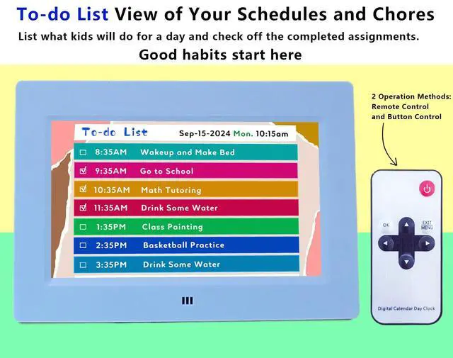 Alt view image 6 of 6 - Digital Teaching Clock Talking Time, 24 Alarms Custom Reminders, Checklist to-Do List, Auto DST & Calendar Display, Sleep Trainer, Easy to Use for Kids Birthday Gift- Blue with Remote