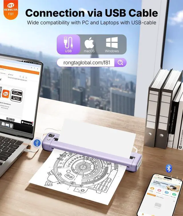 Alt view image 3 of 7 - Portable Printers Wireless for Travel, Bluetooth Mobile Printer, Thermal Inkless Printer for School/Office/Home Use, Compatible with Android,iOS & Laptop (Purple)