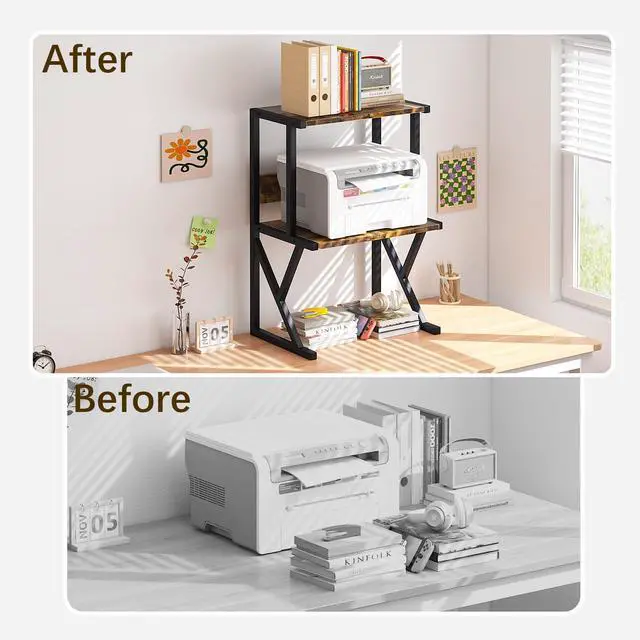 Alt view image 2 of 7 - Printer Stand for Desk to Save Space, Metal+Wood for Home Office