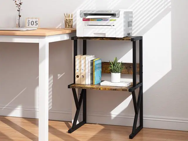 Alt view image 4 of 7 - Printer Stand for Desk to Save Space, Metal+Wood for Home Office