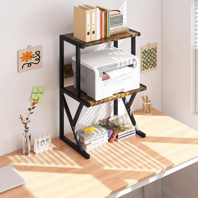Alt view image 7 of 7 - Printer Stand for Desk to Save Space, Metal+Wood for Home Office