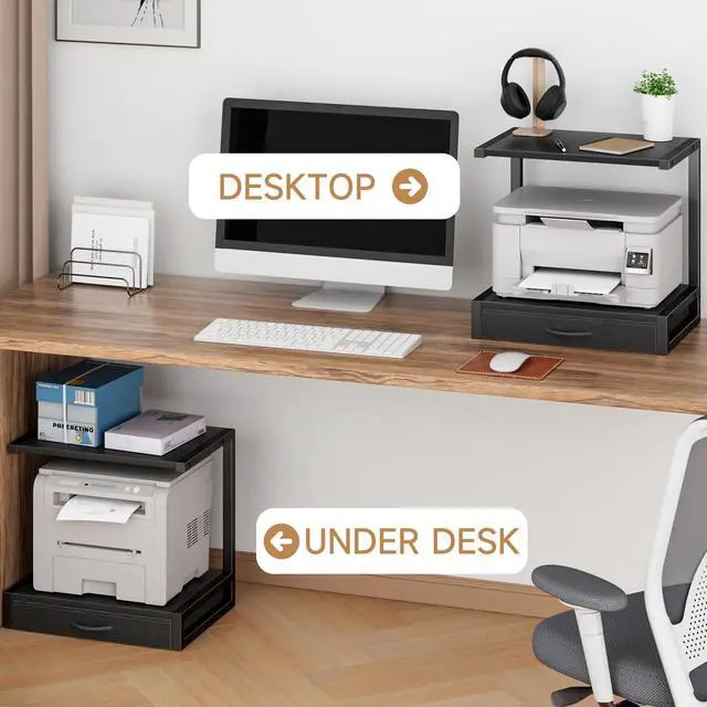 Alt view image 3 of 7 - 2-Tier Desktop Printer Stand with Fabric Drawer,17.3"x11.8" Black