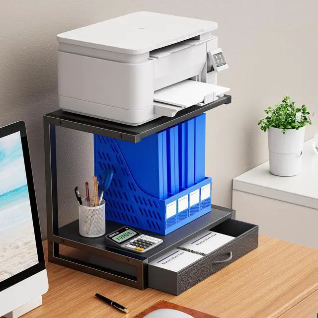 Alt view image 2 of 7 - 2-Tier Desktop Printer Stand with Fabric Drawer,17.3"x11.8" Black