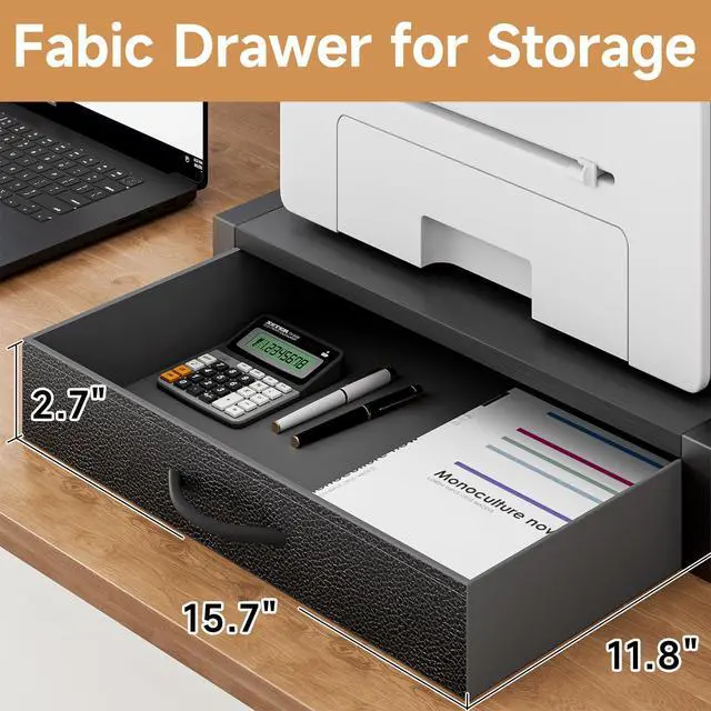 Alt view image 4 of 7 - 2-Tier Desktop Printer Stand with Fabric Drawer,17.3"x11.8" Black