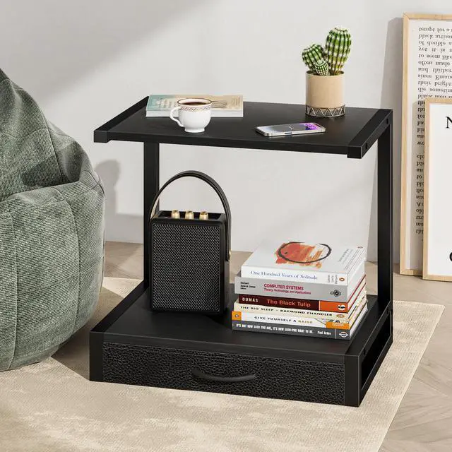 Alt view image 5 of 7 - 2-Tier Desktop Printer Stand with Fabric Drawer,17.3"x11.8" Black