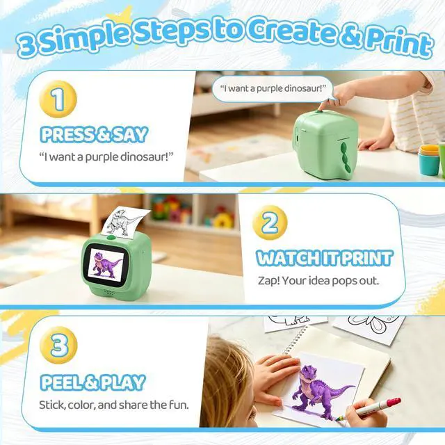 Alt view image 2 of 7 - AI Voice Sticker Maker for Kids, Mini Thermal Printer, Purple Dino