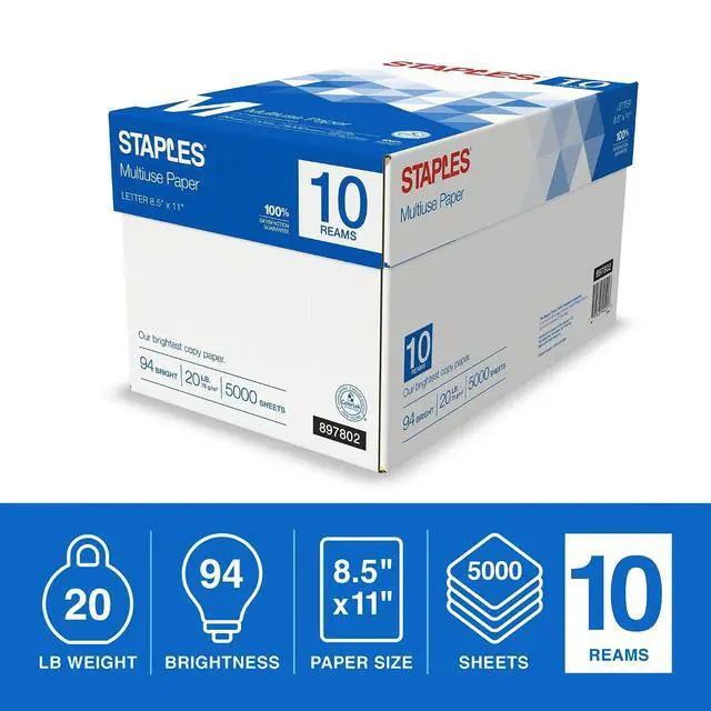 Alt view image 3 of 4 - Staples Multipurpose Copy Paper, 8.5x11, 20lb, 94 Bright, 10 Reams/Carton
