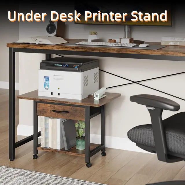 Alt view image 2 of 7 - 22"x15" Large Printer Stand with Drawer, 2-Tier Rolling Table Cart