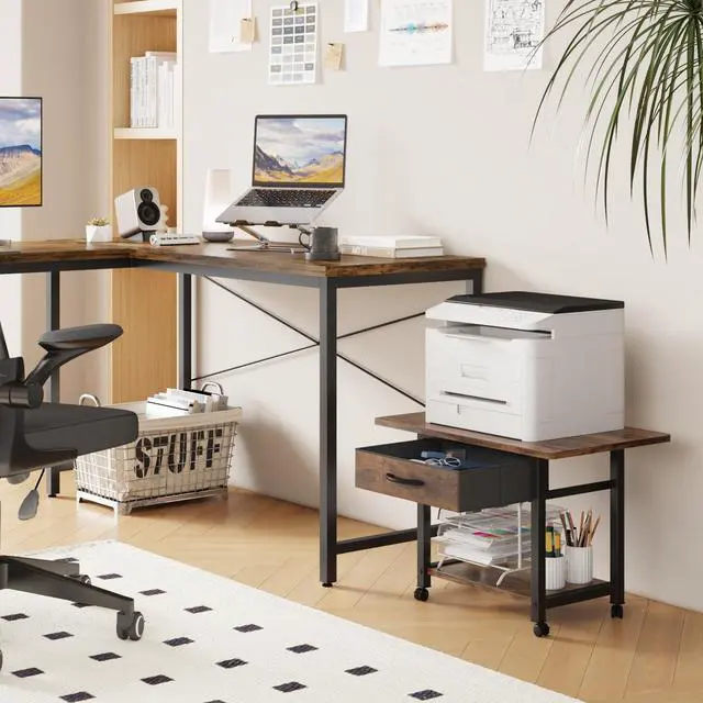 Alt view image 4 of 7 - 22"x15" Large Printer Stand with Drawer, 2-Tier Rolling Table Cart